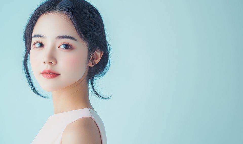 Woman with dark hair and light pink dress posing against a soft blue background.